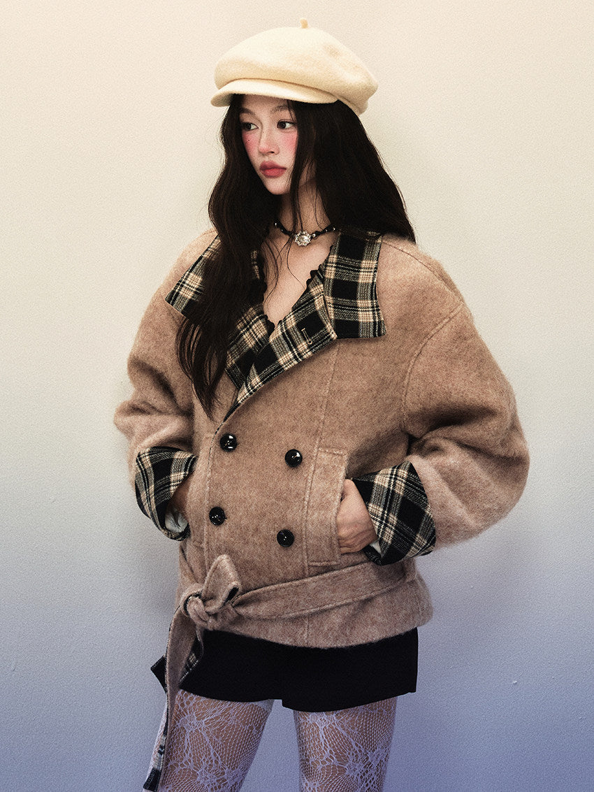 1P - Khaki Brown Plaid Patchwork Wool Coat
