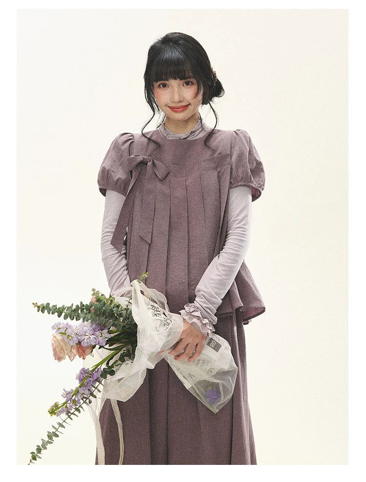 "Whispers Between Pleats" Gray Grape Purple Pleated Top & Maxi Skirt Set