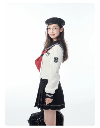 Slim-Fit Preppy Style Set - Sailor Collar Shirt / Front Box-Pleat Skirt / Polka Dot Skirt