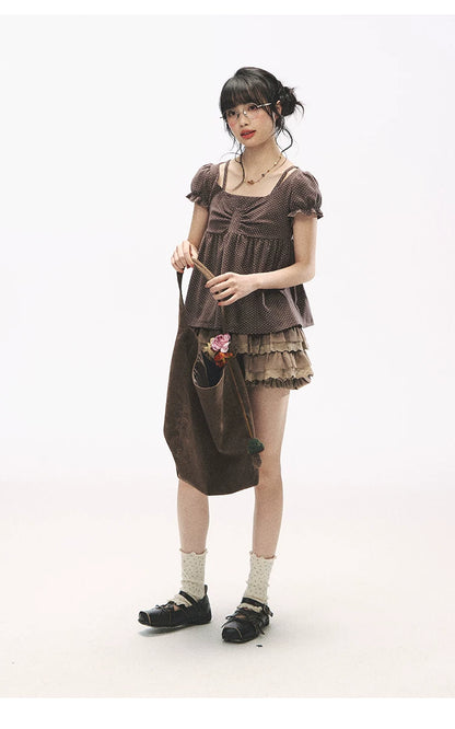 "Sweetheart Crew" Polka Dot Faux Two-Piece Bow Knit Short Sleeve Top