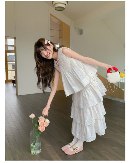 “Starfall Fairytale” White Ribbon Sleeveless Top & Layered Lace Skirt