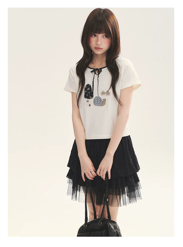 "Black & White Sonata" Polka Dot Mesh Tiered Jellyfish Skirt (White/ Black)