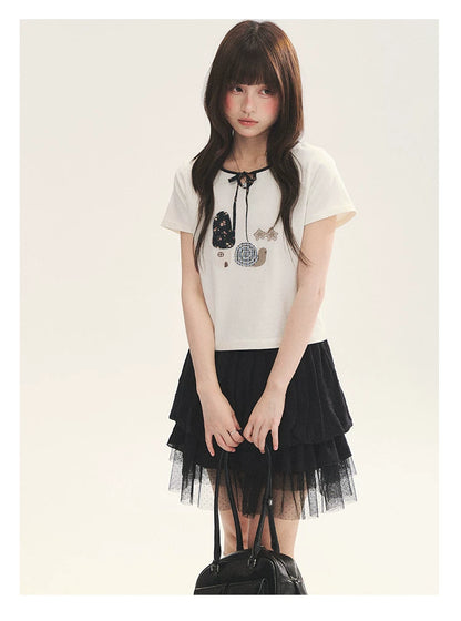 "Black & White Sonata" Polka Dot Mesh Tiered Jellyfish Skirt (White/ Black)