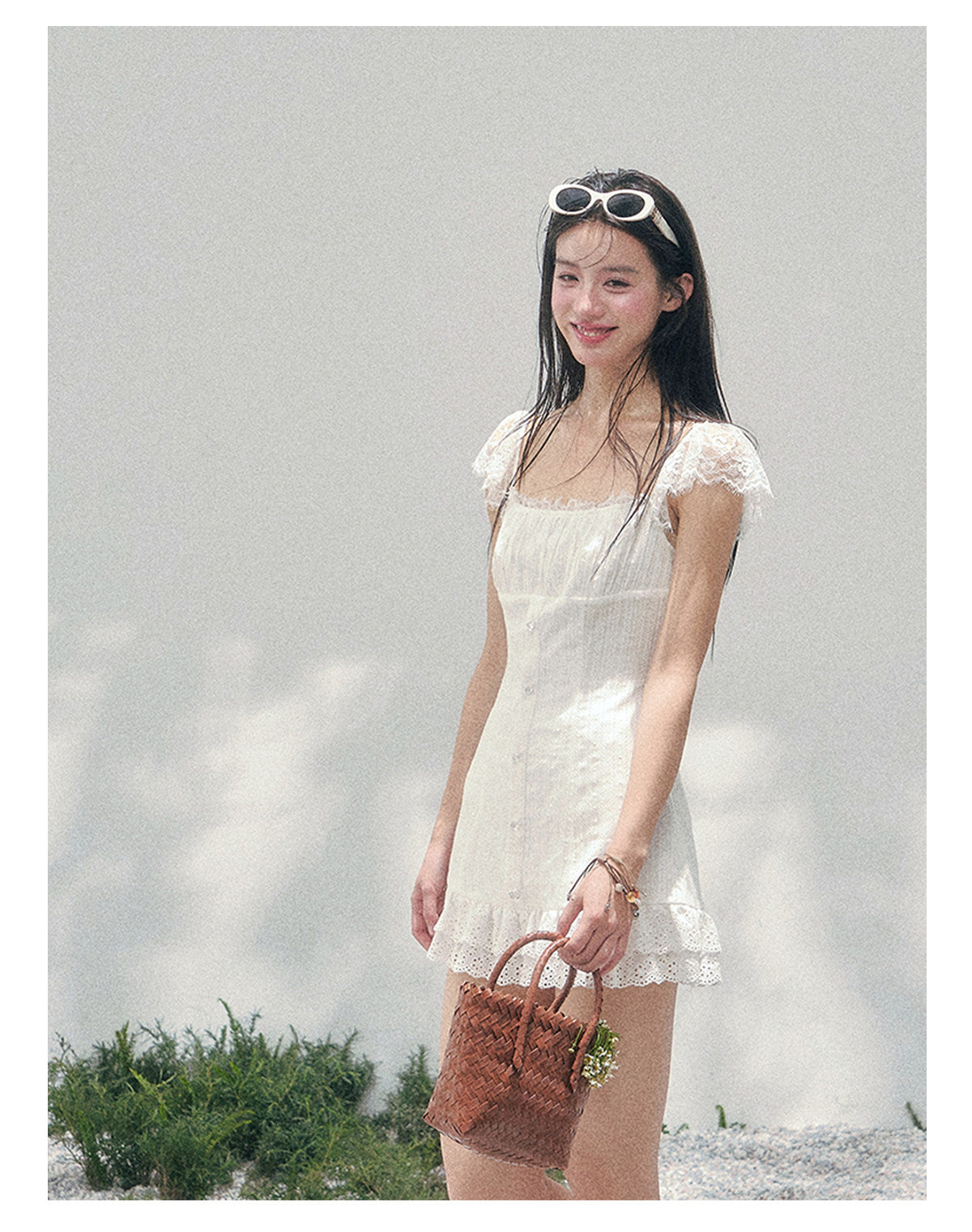 “Summer Tide Reverie” Lace Trim Puff Mini Dress