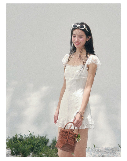 “Summer Tide Reverie” Lace Trim Puff Mini Dress