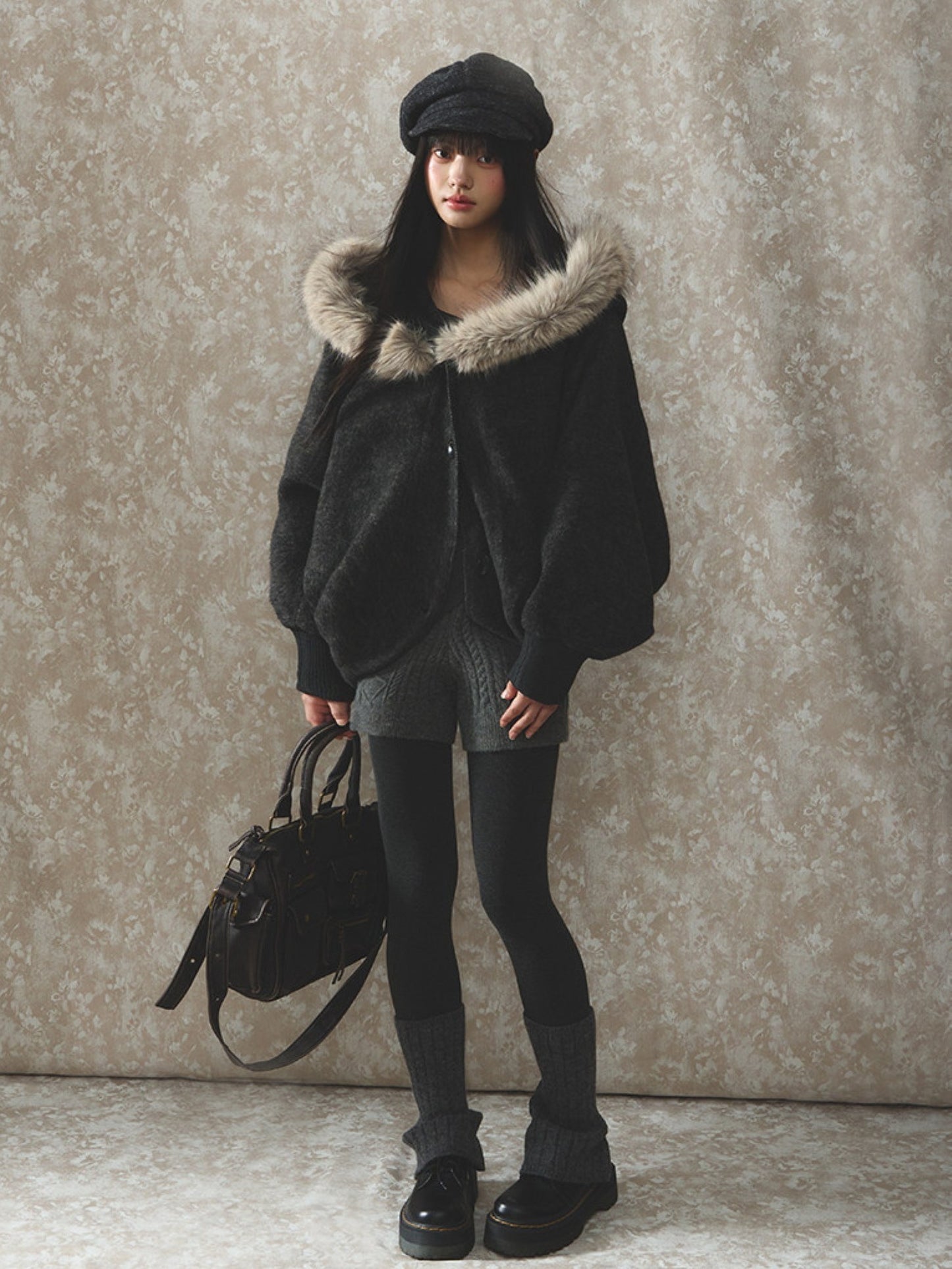 Soote Season - Dark Gray Wool Batwing Cape Coat with Faux-Fur Collar