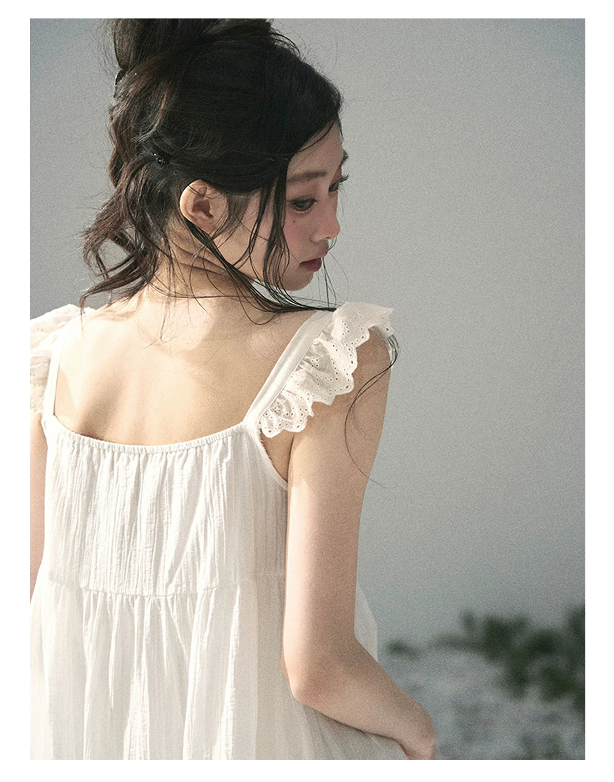 "Shimmer Along the Hem" Cloud White Lace Flutter Sleeve Babydoll Mini Dress 53413