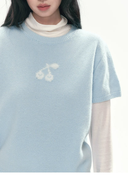 [CAN] Cropped Knit Top with Cherry Jacquard Detail