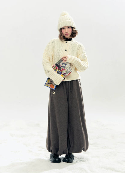 "Bunny Tea Party" Fleece-Lined Balloon Wide-Leg Pants (Hazelnut Brown/ Midnight Gray)