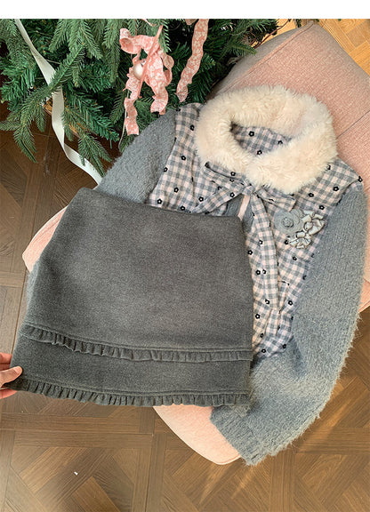 阮阮自制 - Soft Ruffle Dark Gray Tweed Skirt