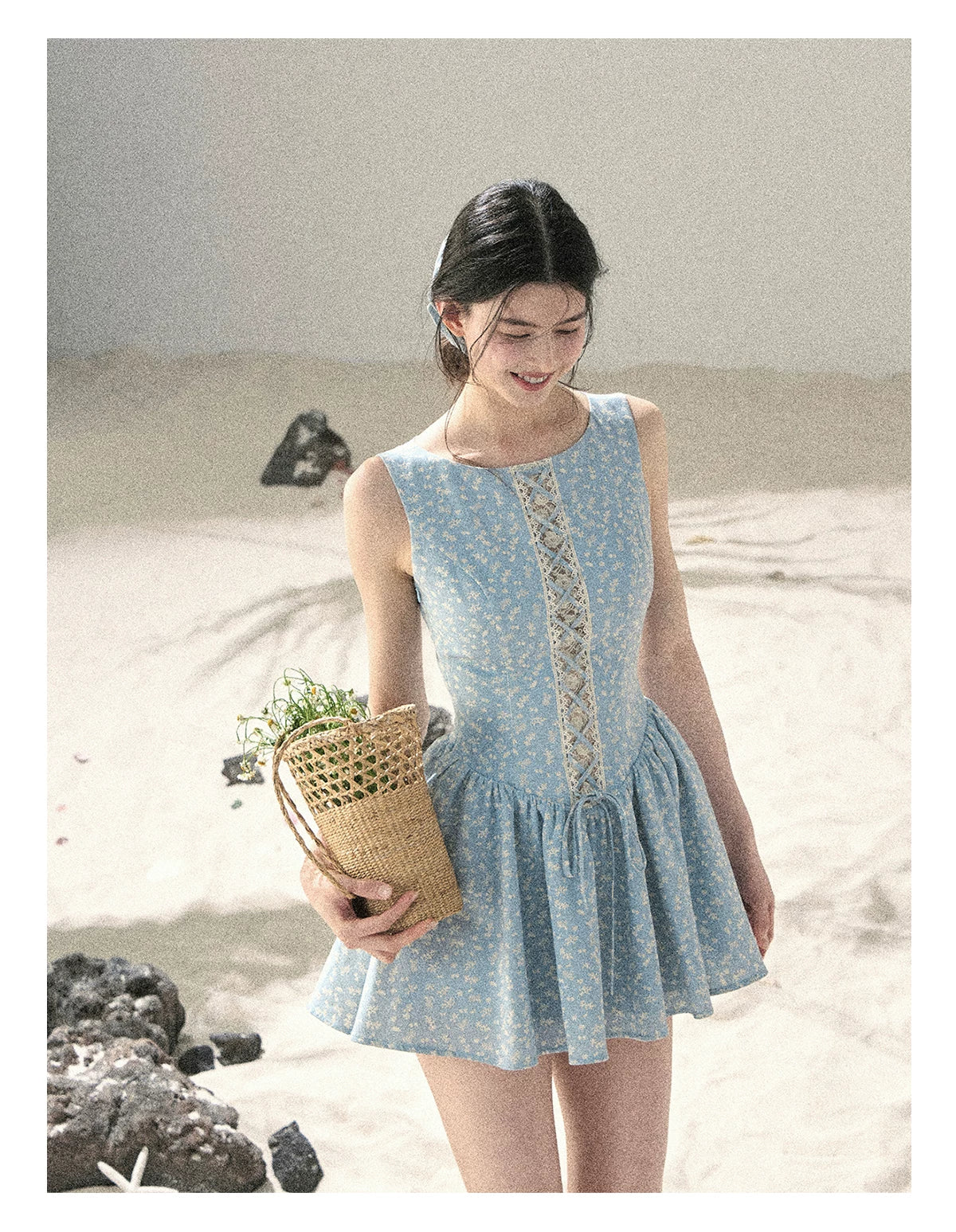 "Sage Summer" Haze Blue Lace Floral Puff Mini Dress