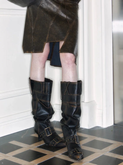 Vintage Western Slouch Knee-High Boots (Black / Ivory / Distressed Brown)