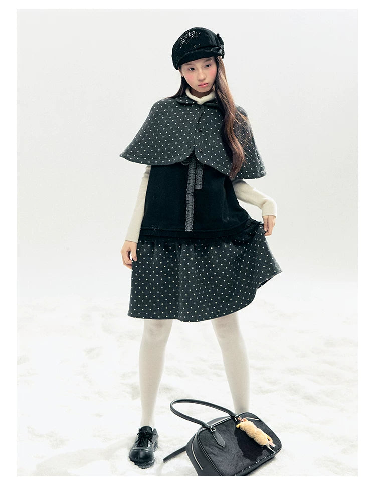 "Berlin Winter Chronicle" Black Polka Dot Capelet & Pinafore Dress Set