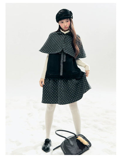 "Berlin Winter Chronicle" Black Polka Dot Capelet & Pinafore Dress Set