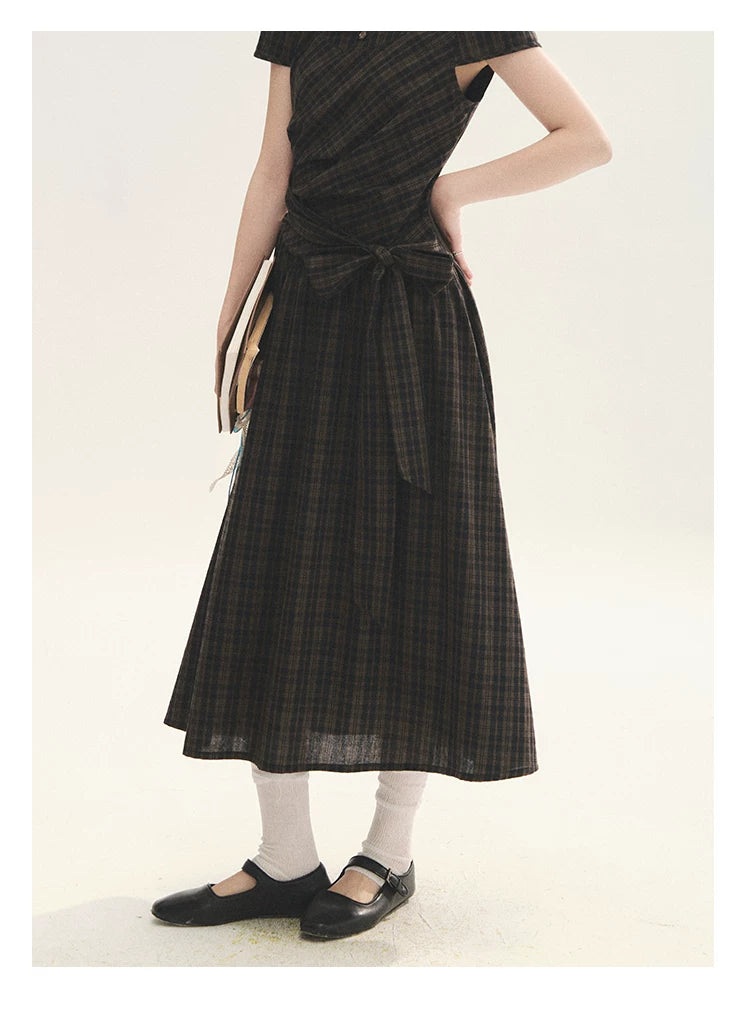 "Vintage Scholar" Black Brown Plaid Bow Tie Peter Pan Collar Maxi Dress