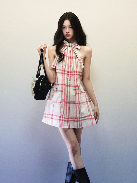 1P - “LALISA” Cherry Plaid Halter Bow Cotton Mini Dress