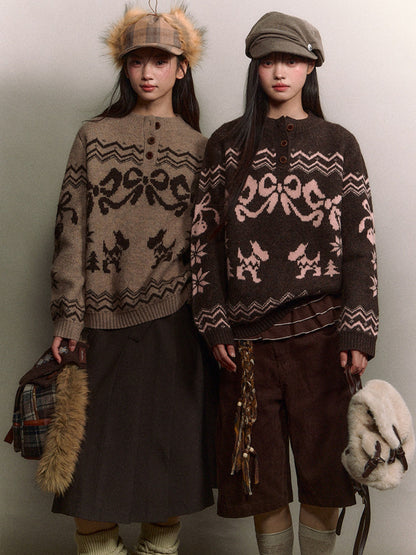 Soote Season - Fair Isle Cinnamon Bow Henley Knit Sweater