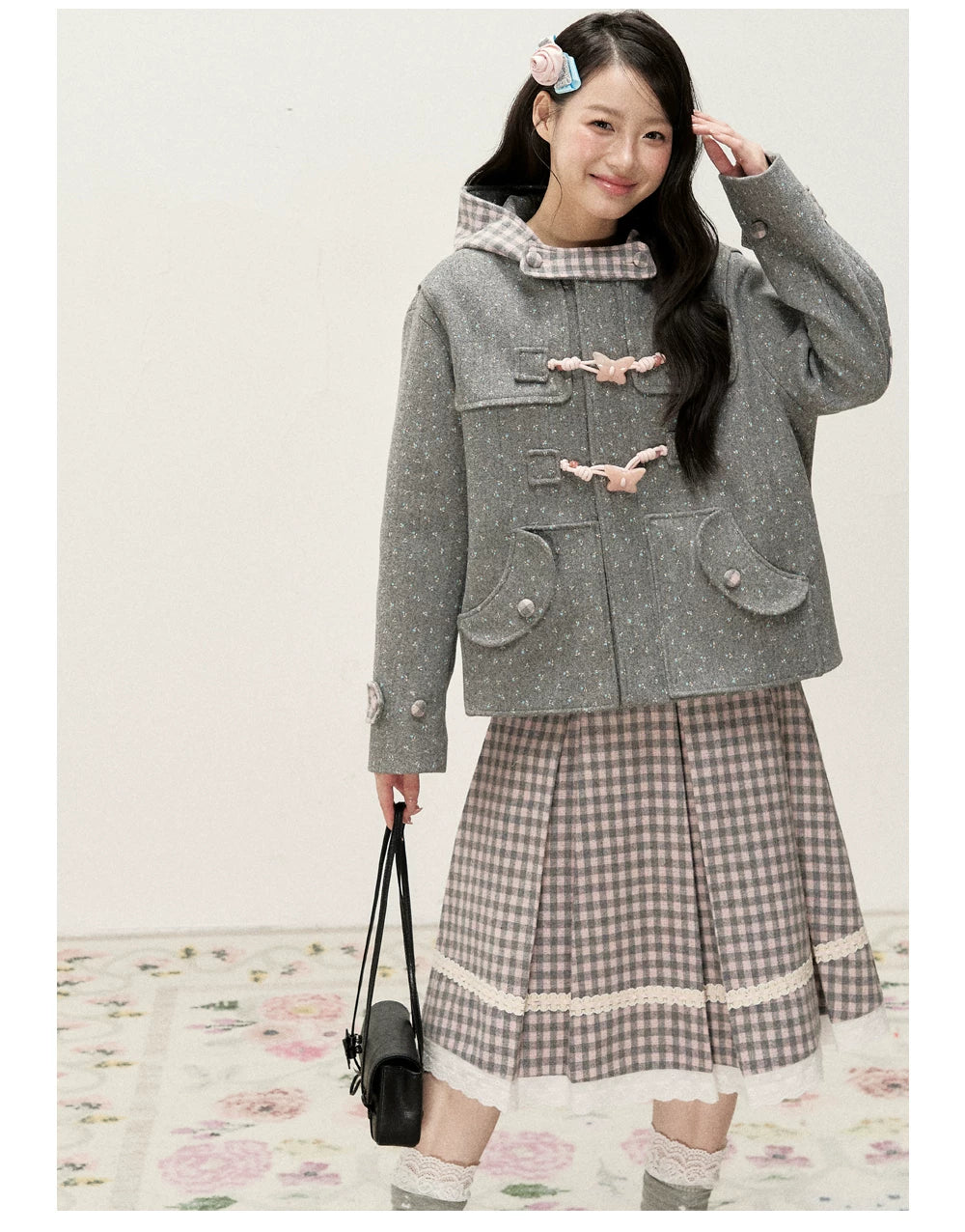 [RF] Gray & Pink Plaid A-Line Midi Skirt with Lace Trim