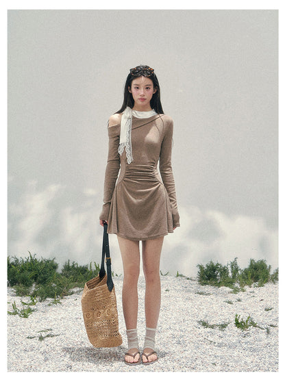 少也眼 “Lingering Warmth Entwined” Layered French Lace One-Shoulder Mini Dress - Milk Tea Beige 5435553