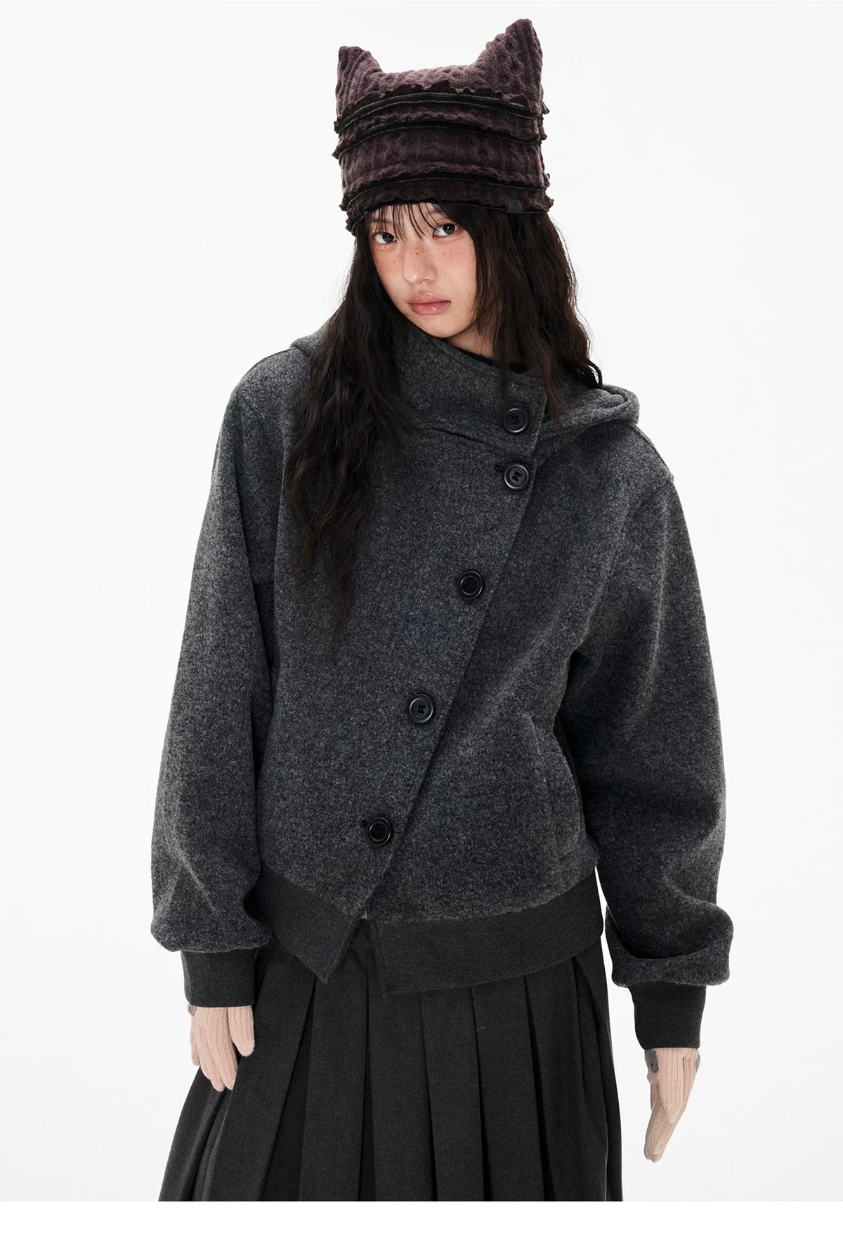 EZEK | Preppy Hooded Wool Blend Jacket with Button Front