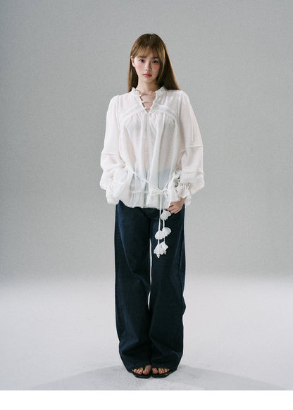 LOST FOREST - Acetate Flower Belt Detail Relaxed Top (White / Blue)