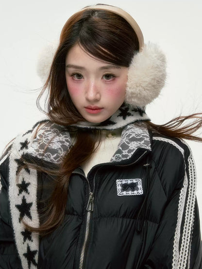 BIBIBENCY - Black Lace-Trimmed 90% White Duck Down Puffer Jacket
