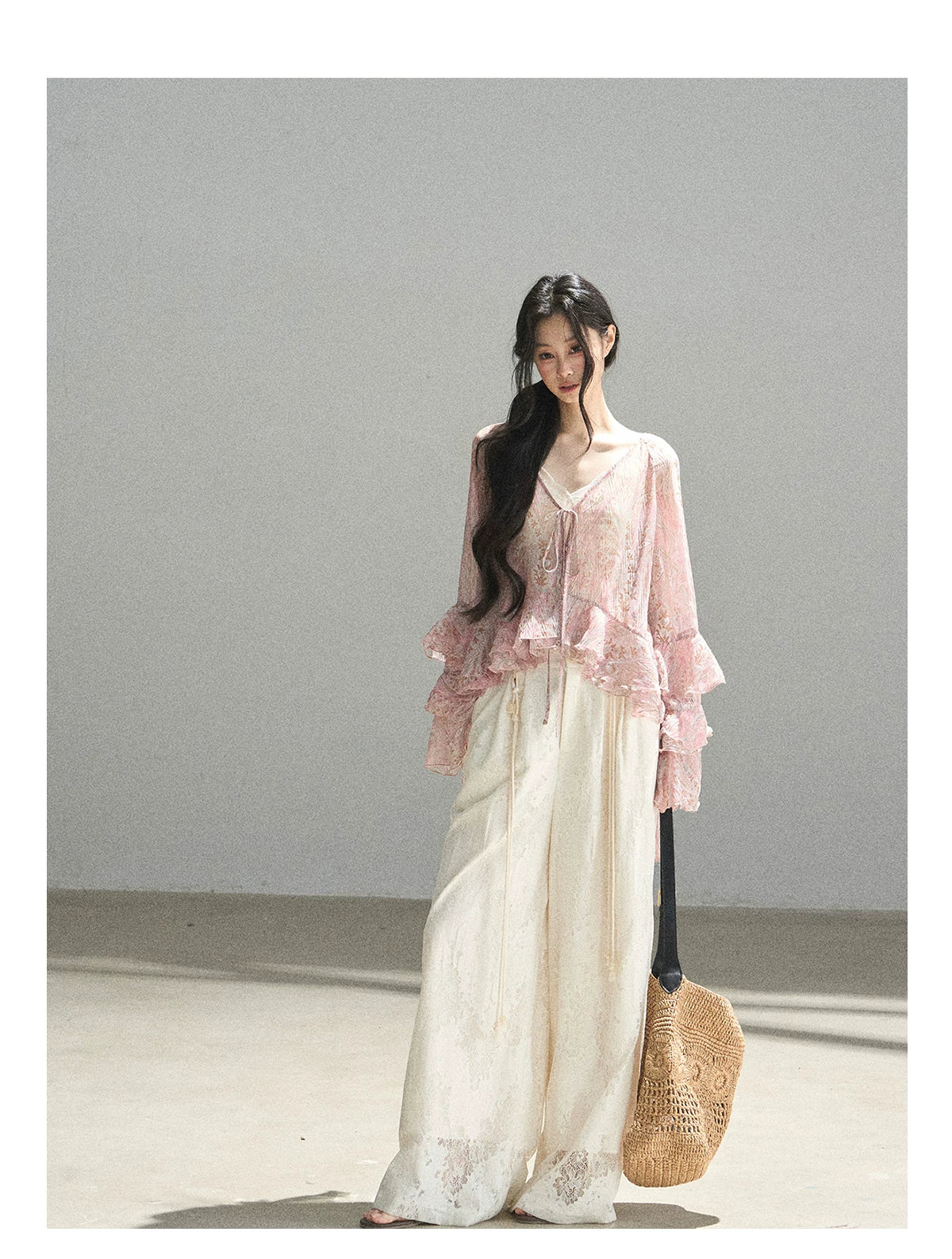 "A Love Letter to Sunlight" Dutch Cream Lace Wide-Leg Pants (With Matching Waist Rope)