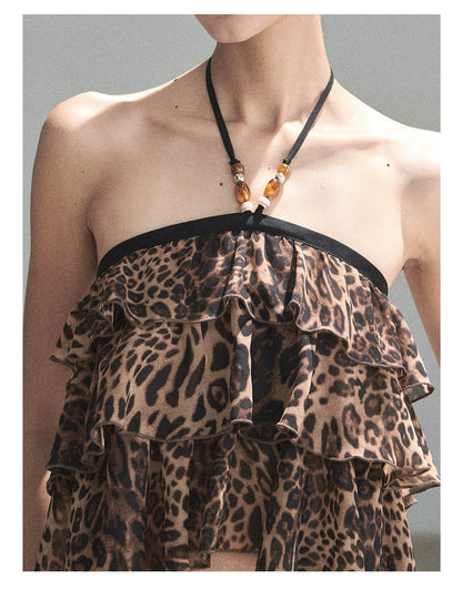 "Chasing the Sunset" Chestnut Brown Leopard Halter Ruffle Crop Top