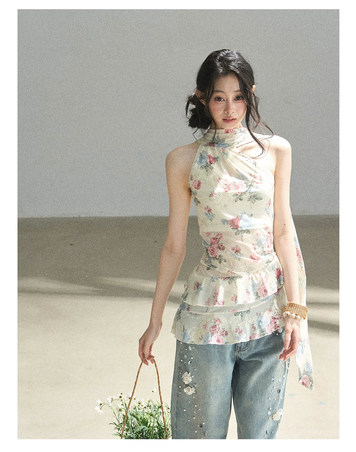 "Flowers & Sunlight" Dutch Cream Off-Shoulder Mesh Top