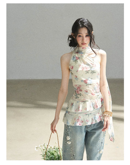 "Flowers & Sunlight" Dutch Cream Off-Shoulder Mesh Top