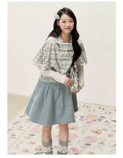 [RF] Mist Gray Argyle Jacquard Cropped Poncho-Style Pullover with Lace Trim