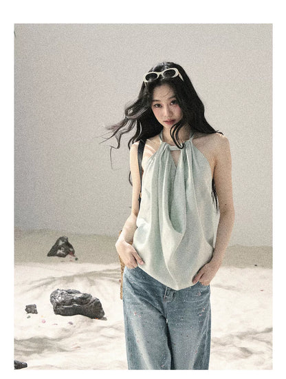 "Flowing Silk Reverie" Light Bean Green Halter Backless Top 536845