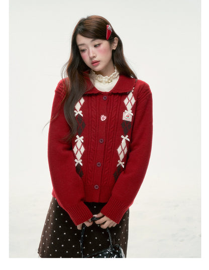 BIBIBENCY - Red Argyle Knit Cardigan with Bow Details