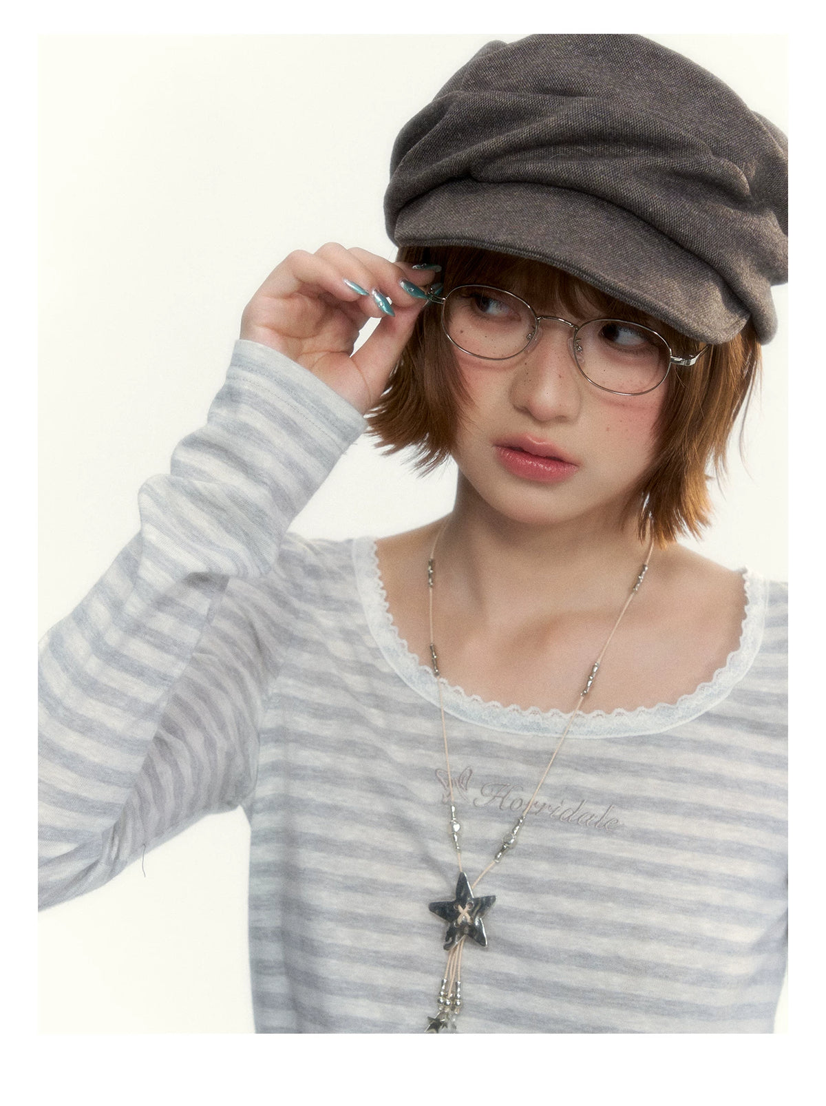 “Early Gray” Light Gray Striped Lace-Trimmed Fitted Long-Sleeve Top