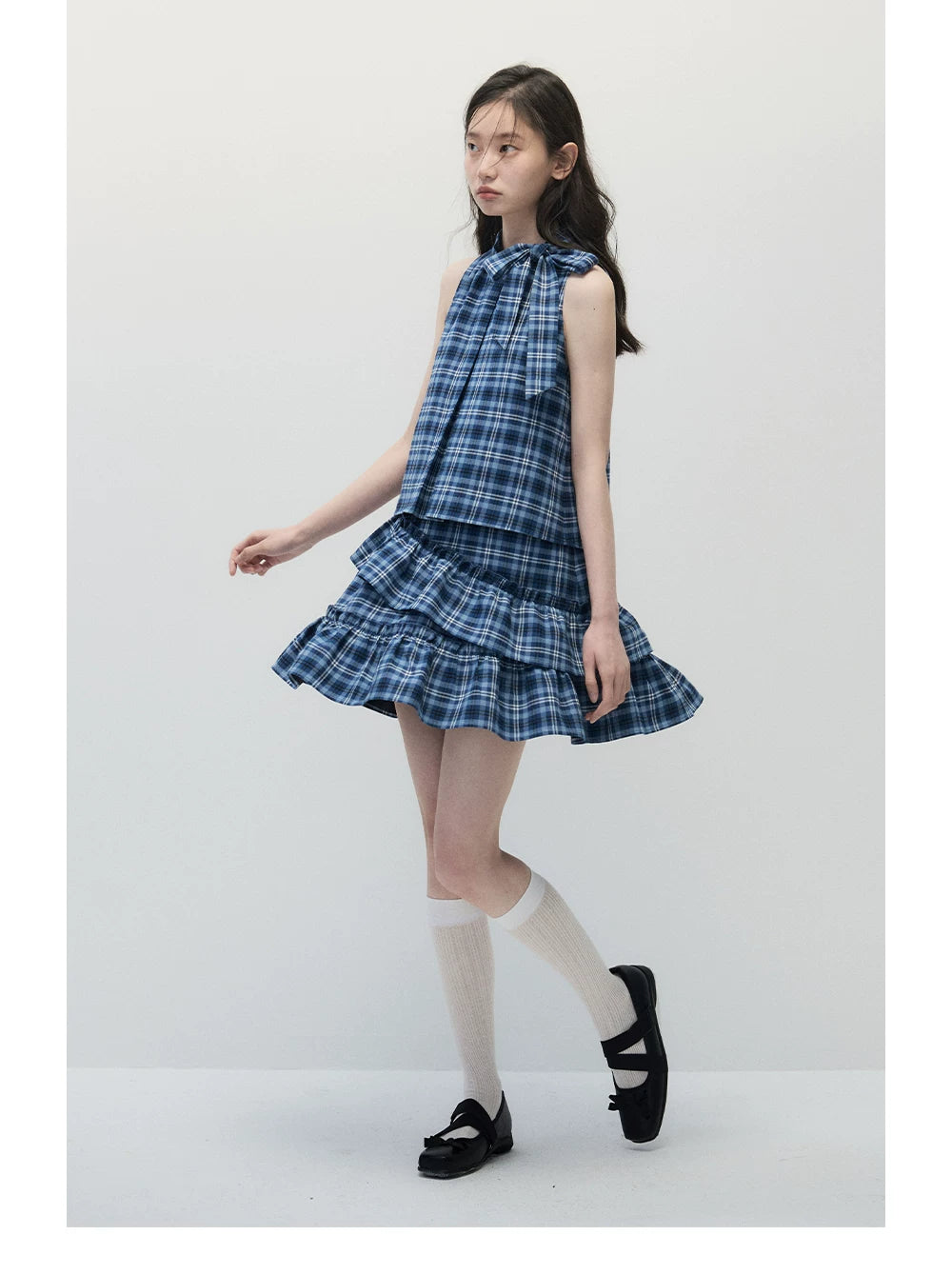 Blue Plaid Sleeveless Tiered Midi Dress with Ruffle Trim