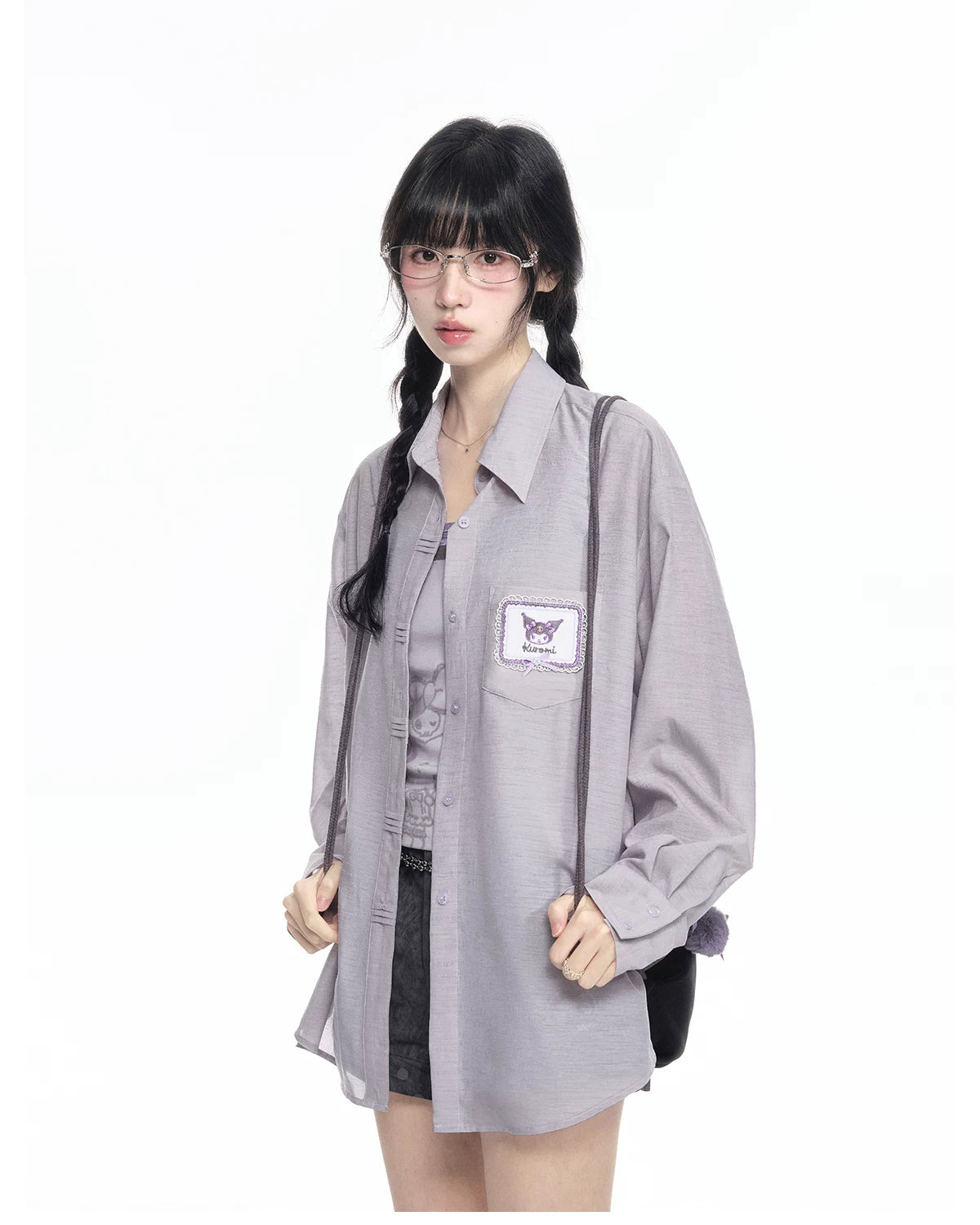 170726K "Campus Icons" Gray Purple Relaxed Polo Overshirt (Kuromi / My Melody / Cinnamoroll)