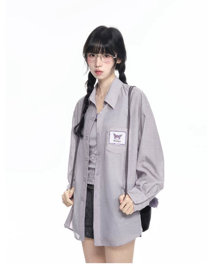 170726K "Campus Icons" Gray Purple Relaxed Polo Overshirt (Kuromi / My Melody / Cinnamoroll)