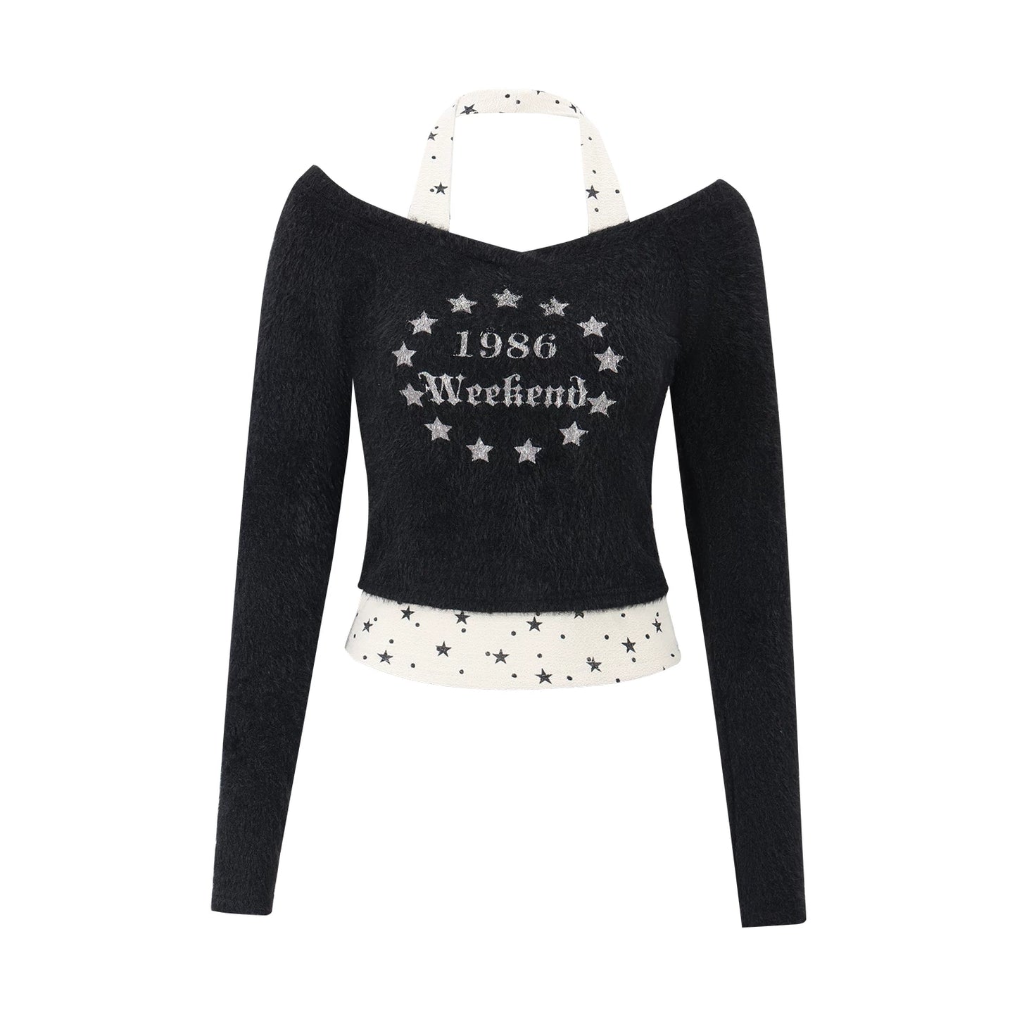 "Midnight Nova" Black Halter Layered Off-Shoulder Long Sleeve Top