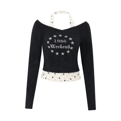 "Midnight Nova" Black Halter Layered Off-Shoulder Long Sleeve Top