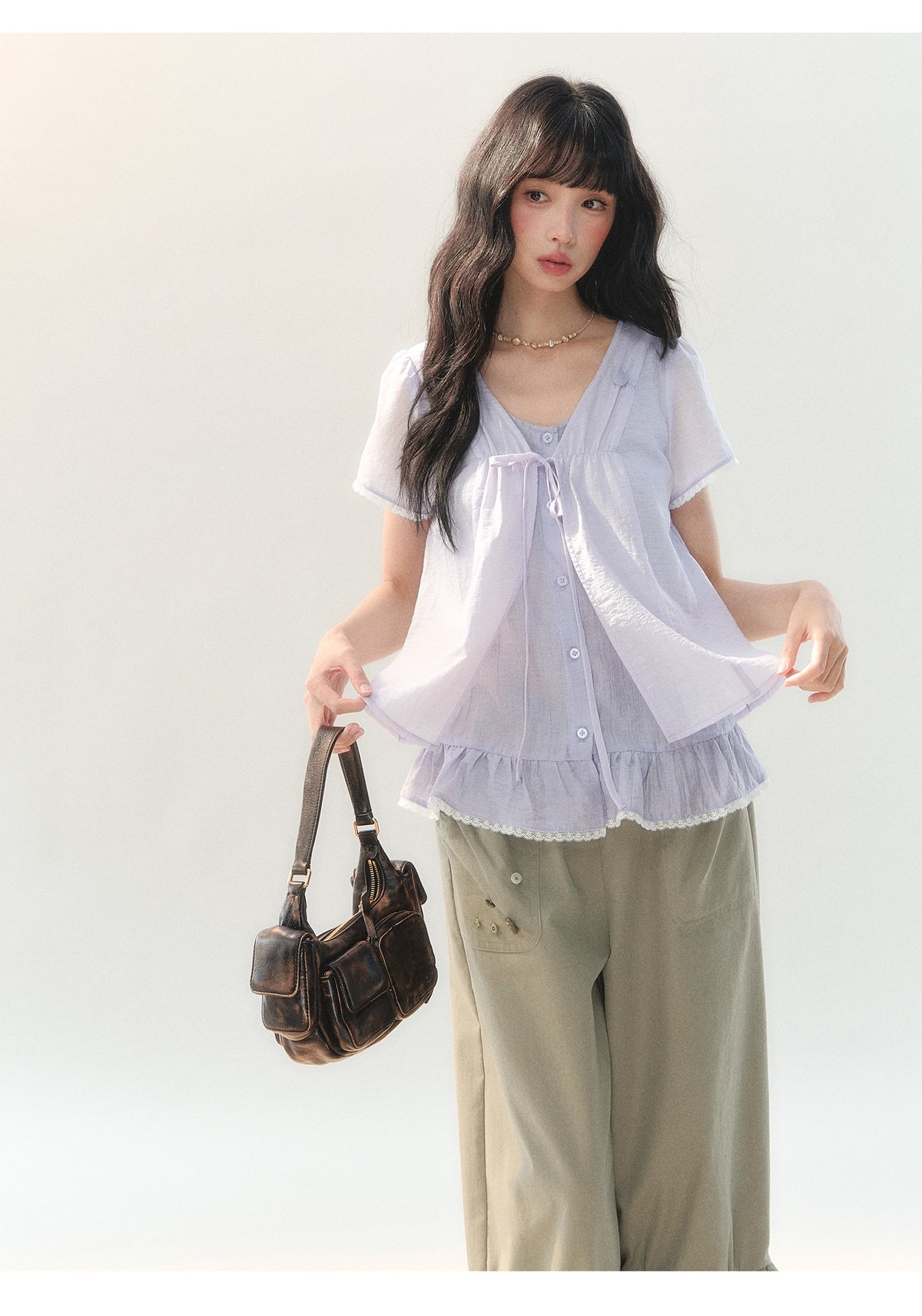 [CAN] "Lilac Cotton Bloom" Lavender Lace Trim Lightweight Cardigan