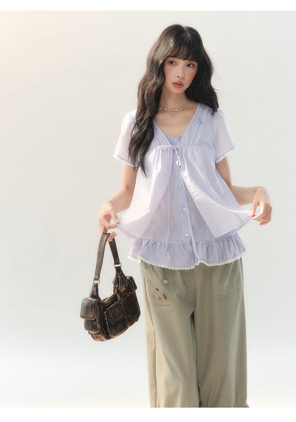 [CAN] "Lilac Cotton Bloom" Lavender Lace Trim Lightweight Cardigan