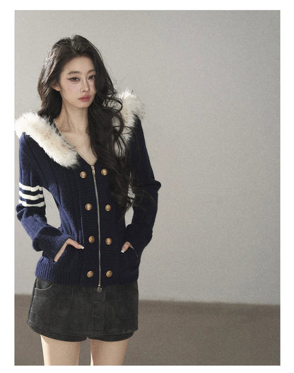 AOMALM - Blue Hooded Cable-Knit Sweater Jacket with White Stripes