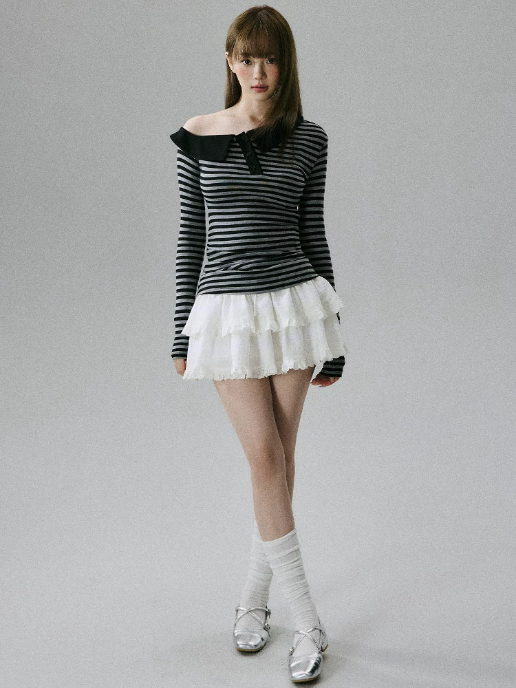 LOST FOREST - Striped Asymmetrical Lyocell-Wool Layering Top