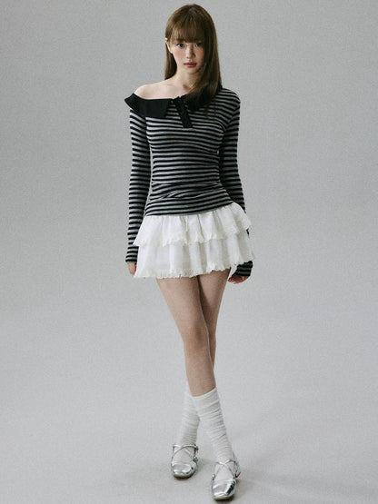 LOST FOREST - Striped Asymmetrical Lyocell-Wool Layering Top