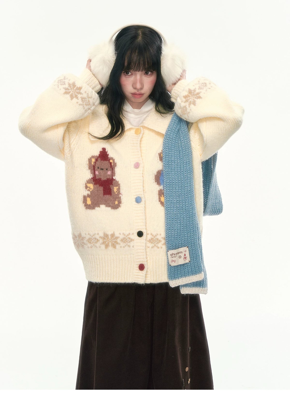 CAN - "Teddy’s Autumn Soirée" Cream White Teddy Bear Fair Isle Jacquard Cardigan