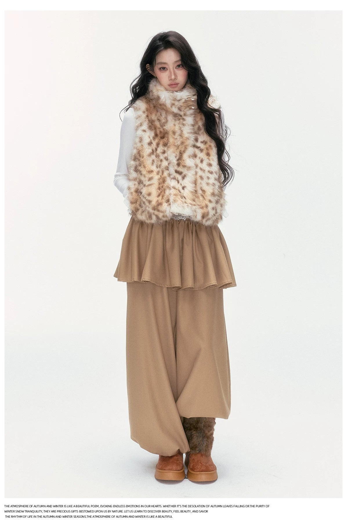 24olvides - Faux Fur Vest with Stand Collar and Toggle Closures (Creamy Leopard Print / Blue-Gray)