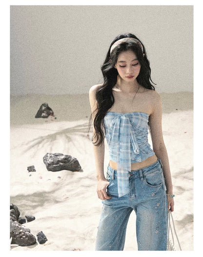 "Blue Danube Reverie" Mist Blue Bow Bandeau Crop Top & Cardigan Set 54638463