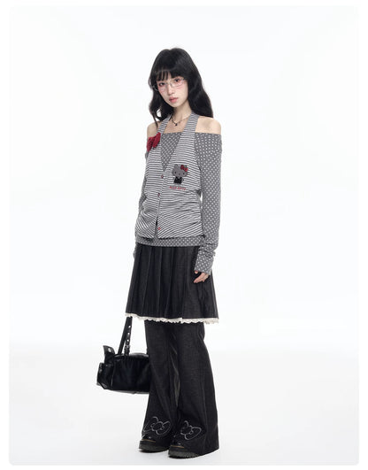 170726K "Midnight Polka" Gray Layered Long Sleeve Collection (Cold Shoulder Top / Fake Two-Piece Skirt Pants)