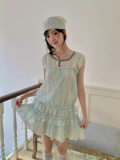 “Summer Dreamloom” Blue Lace Tiered Dress Set (Inner Top + Slip Dress)