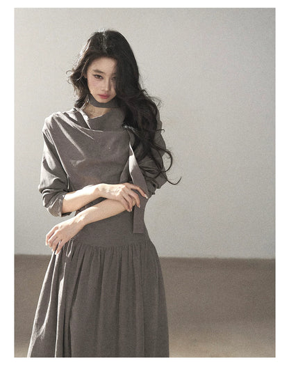 AOMALM - Gray-Purple Pleated Maxi Dress with High-Waisted Cinch Belt